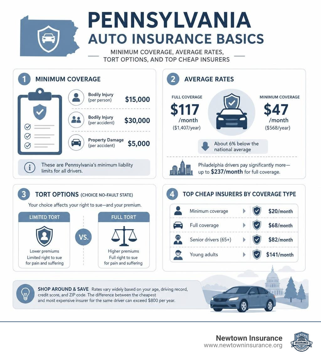 Pennsylvania auto insurance basics infographic: minimum coverage, average rates, tort options, and top cheap insurers Pennsylvania auto insurance basics infographic: minimum coverage, average rates, tort options, and top cheap insurers