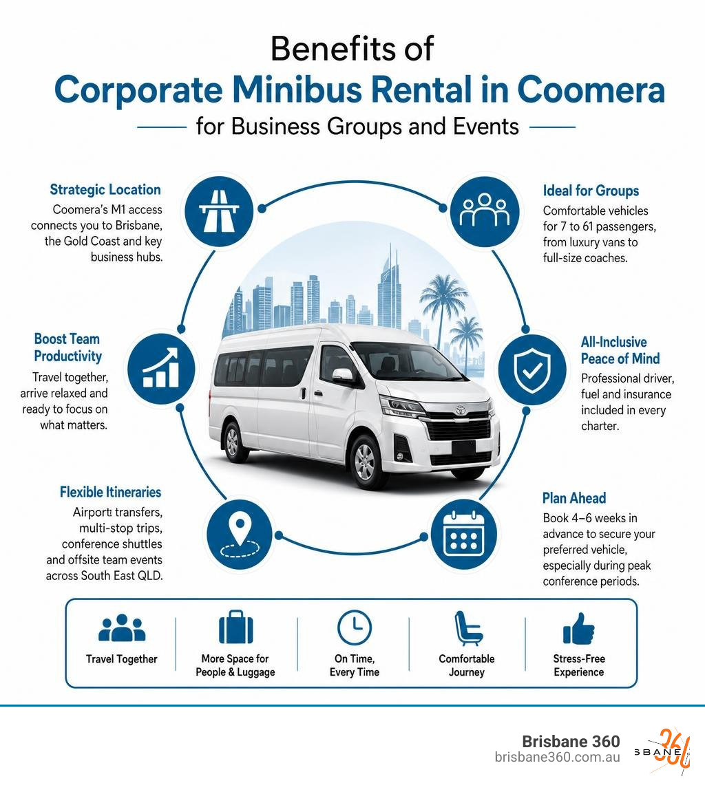 Benefits of corporate minibus rental in Coomera for business groups and events infographic