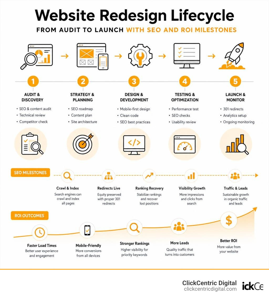 Website redesign lifecycle from audit to launch with SEO and ROI milestones infographic Website redesign lifecycle from audit to launch with SEO and ROI milestones infographic