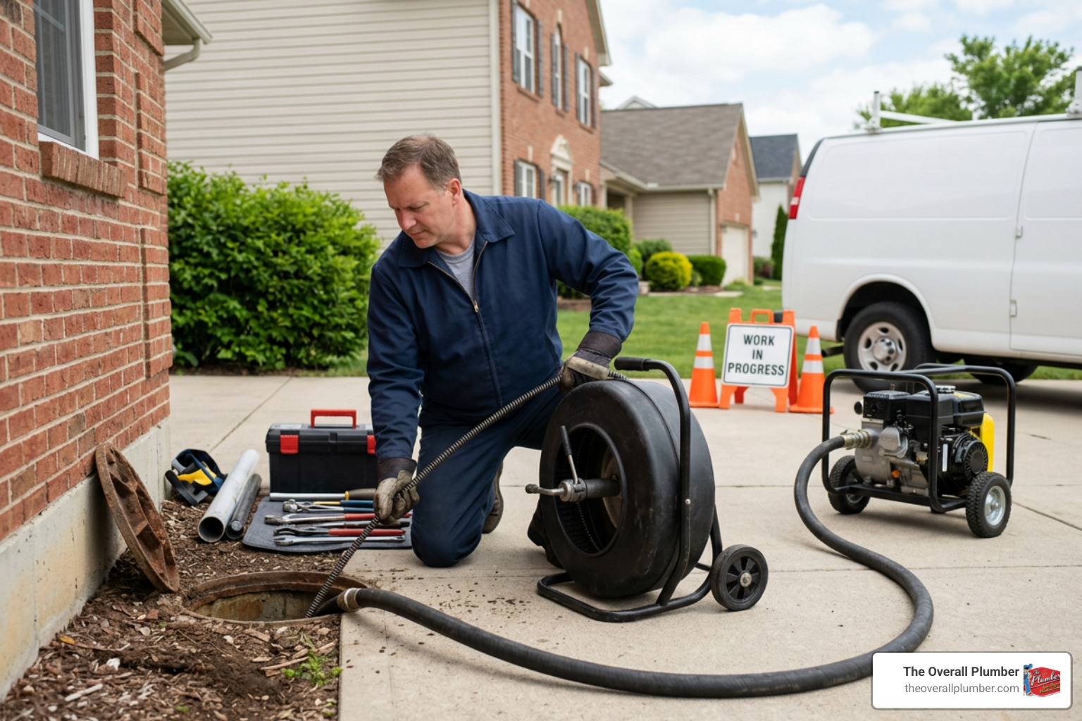 Professional plumber clearing a main sewer line with emergency response equipment Professional plumber clearing a main sewer line with emergency response equipment