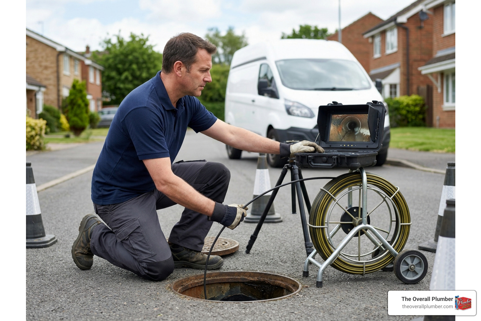Plumber using high-tech sewer camera to inspect a clogged main line Plumber using high-tech sewer camera to inspect a clogged main line