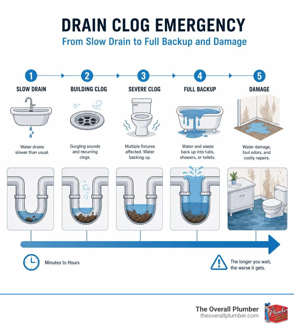 Timeline infographic of a drain clog emergency from slow drain to full backup and damage infographic Timeline infographic of a drain clog emergency from slow drain to full backup and damage infographic