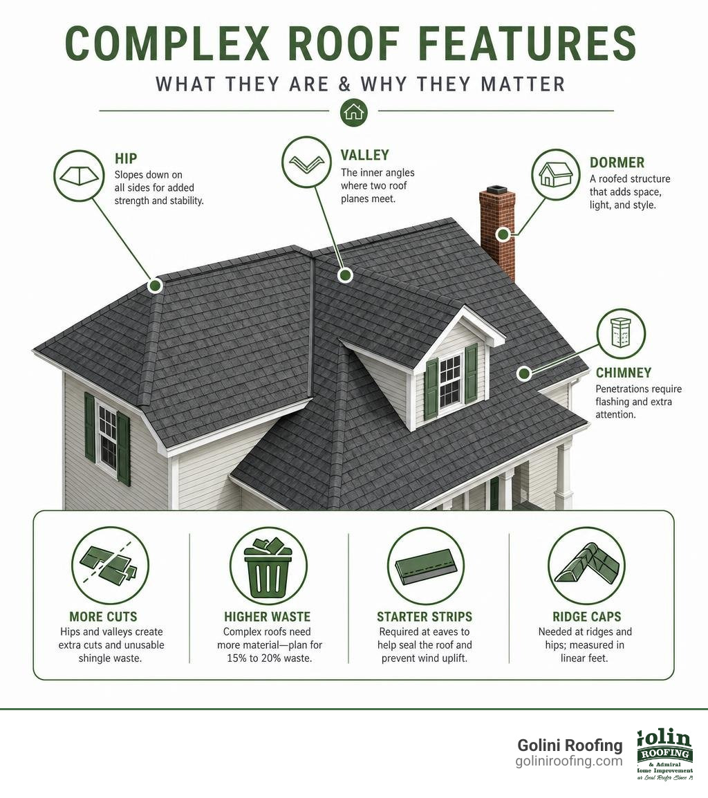 Diagram showing complex roof features like hips, valleys, and dormers infographic Diagram showing complex roof features like hips, valleys, and dormers infographic