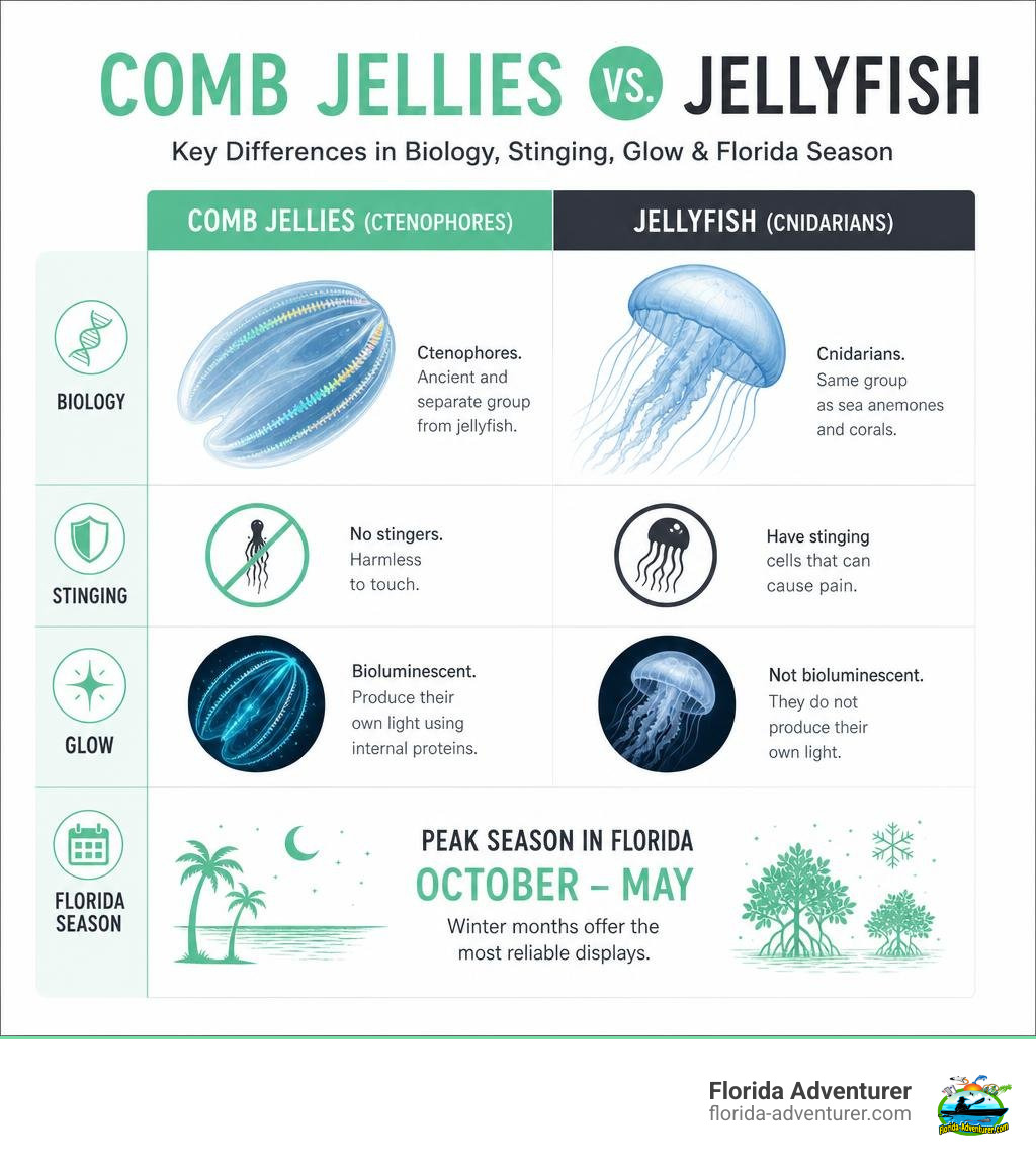 Infographic comparing comb jellies vs jellyfish: key differences in biology, stinging, glow, and Florida season infographic Infographic comparing comb jellies vs jellyfish: key differences in biology, stinging, glow, and Florida season infographic