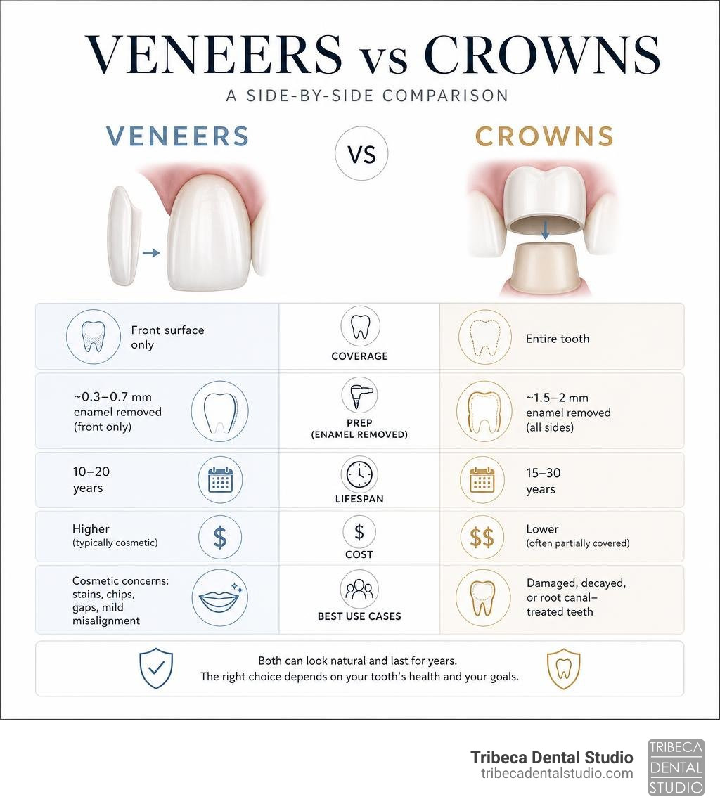Infographic comparing veneers vs crowns: coverage, prep, lifespan, cost, and best use cases infographic