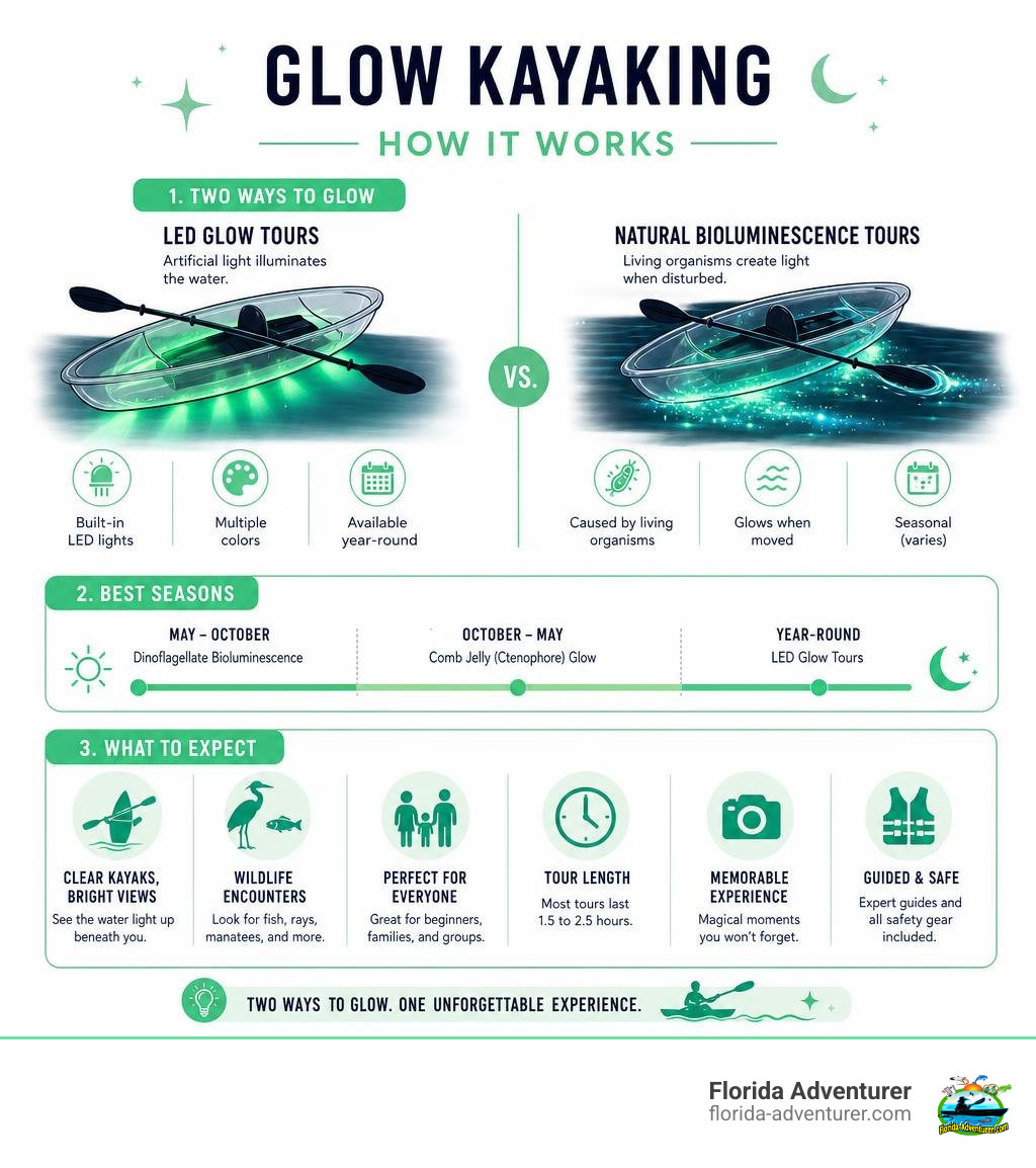Infographic showing how glow kayaking works: LED vs bioluminescence types, best seasons, and what to expect infographic Infographic showing how glow kayaking works: LED vs bioluminescence types, best seasons, and what to expect infographic