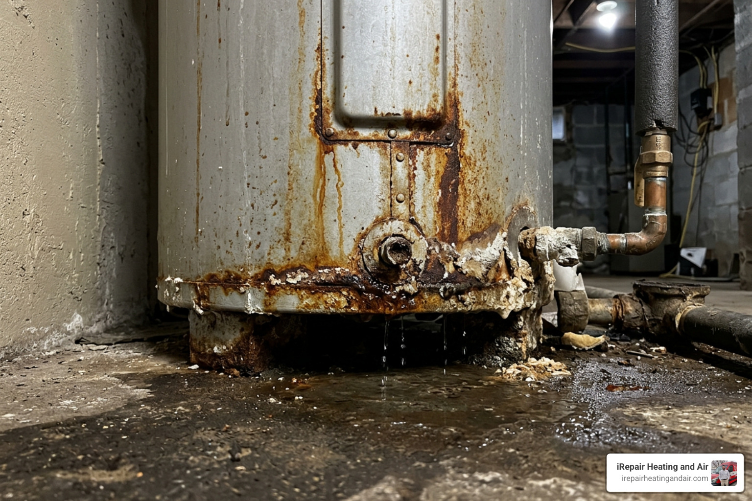 A leaking water heater tank showing signs of rust and sediment buildup A leaking water heater tank showing signs of rust and sediment buildup