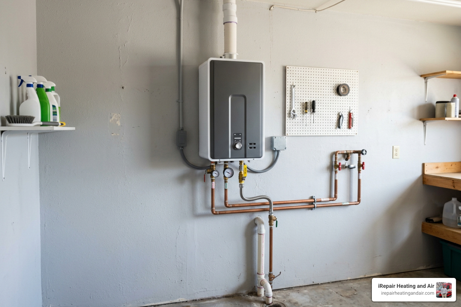 A modern, compact tankless water heater mounted on a utility room wall A modern, compact tankless water heater mounted on a utility room wall