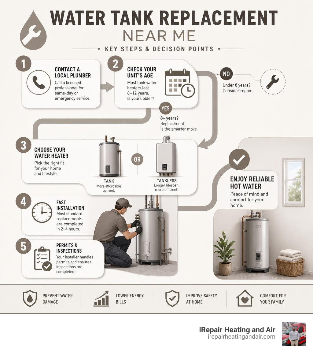 Infographic showing key steps and decision points for water tank replacement near me infographic Infographic showing key steps and decision points for water tank replacement near me infographic