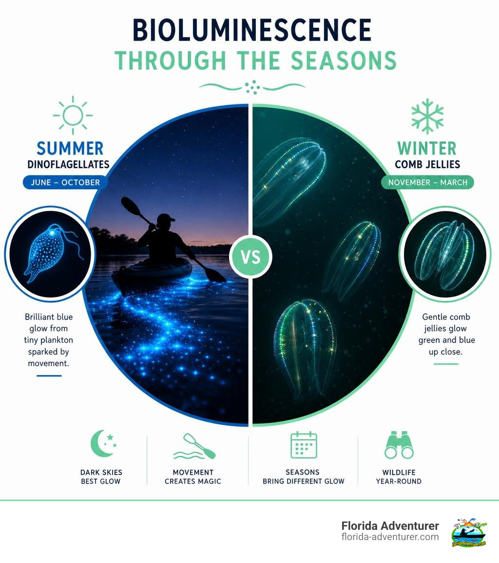 comparison graphic showing summer dinoflagellates June through October blue glow and winter comb jellies November through comparison graphic showing summer dinoflagellates June through October blue glow and winter comb jellies November through