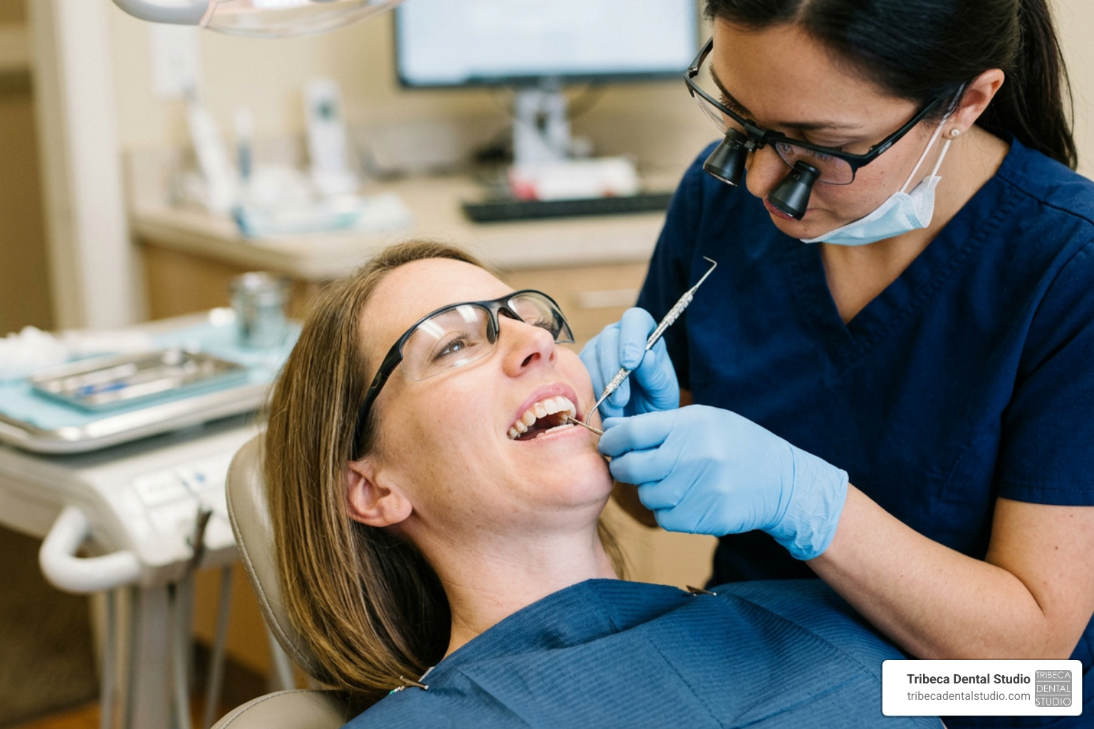 A dentist utilizing a periodontal probe to measure pocket depths along a patient's gumline A dentist utilizing a periodontal probe to measure pocket depths along a patient's gumline