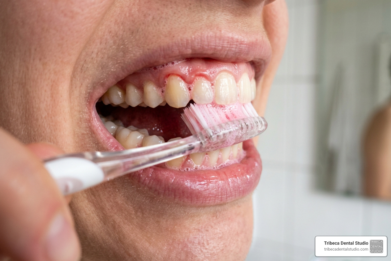 A close-up of pink-tinted foam during brushing, illustrating early gum disease signs A close-up of pink-tinted foam during brushing, illustrating early gum disease signs