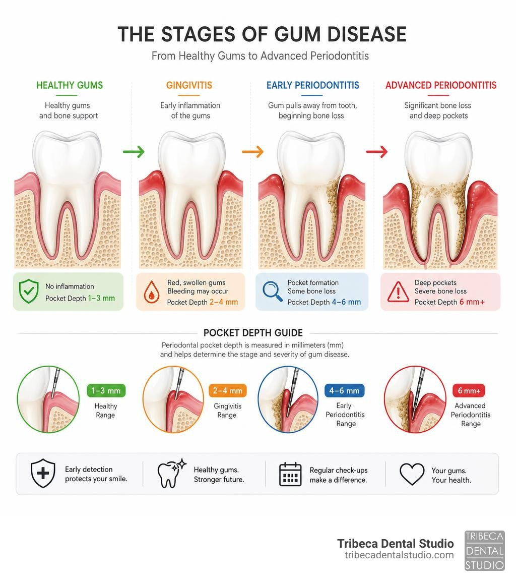 Infographic showing stages of gum disease from healthy gums to gingivitis to early and advanced periodontitis with pocket Infographic showing stages of gum disease from healthy gums to gingivitis to early and advanced periodontitis with pocket
