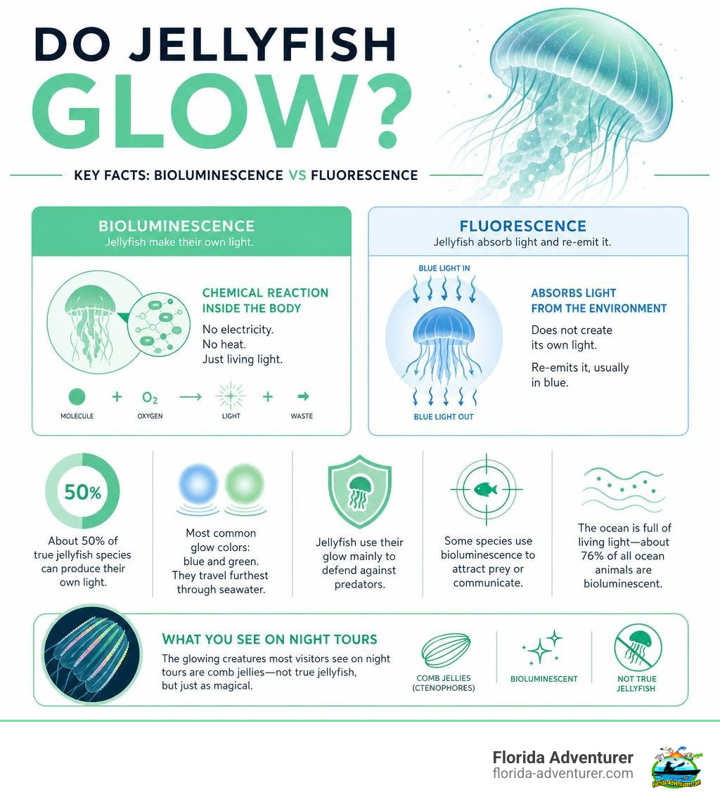 Infographic: Do jellyfish glow? Key facts about jellyfish bioluminescence vs fluorescence infographic Infographic: Do jellyfish glow? Key facts about jellyfish bioluminescence vs fluorescence infographic
