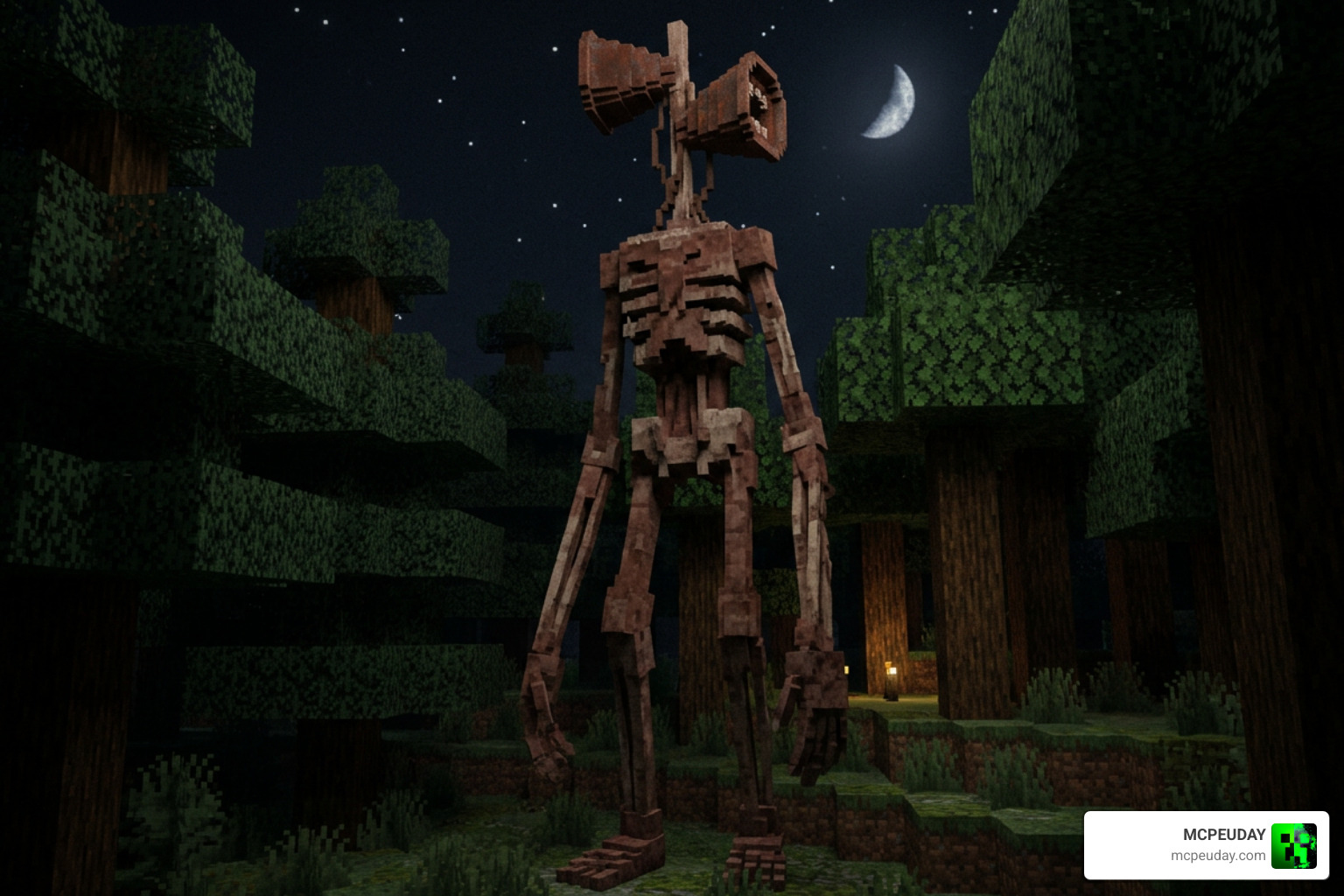 Siren Head Addon in a dark Minecraft forest at night Siren Head Addon in a dark Minecraft forest at night