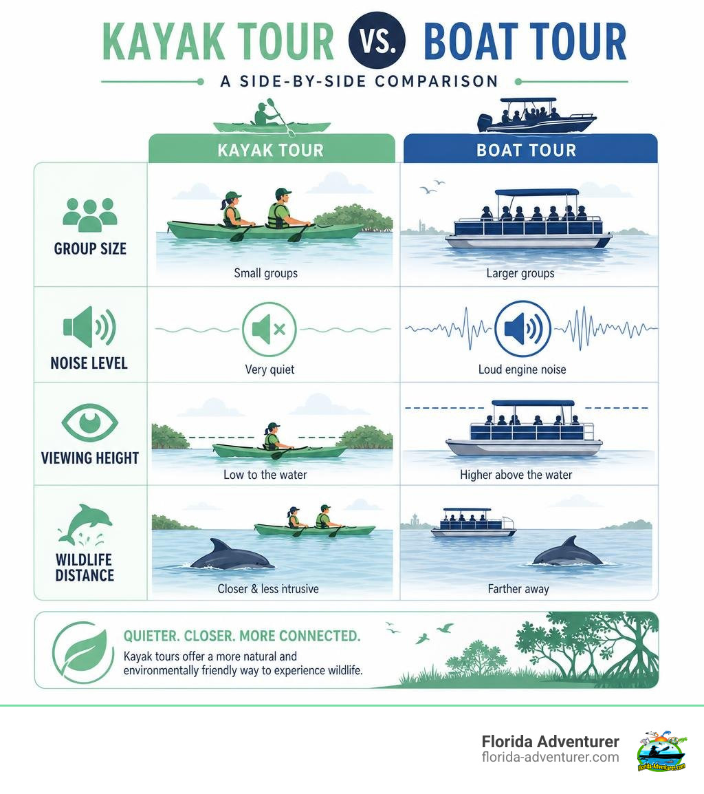 Kayak tour versus boat tour comparison infographic showing group size, noise level, viewing height, and wildlife distance Kayak tour versus boat tour comparison infographic showing group size, noise level, viewing height, and wildlife distance