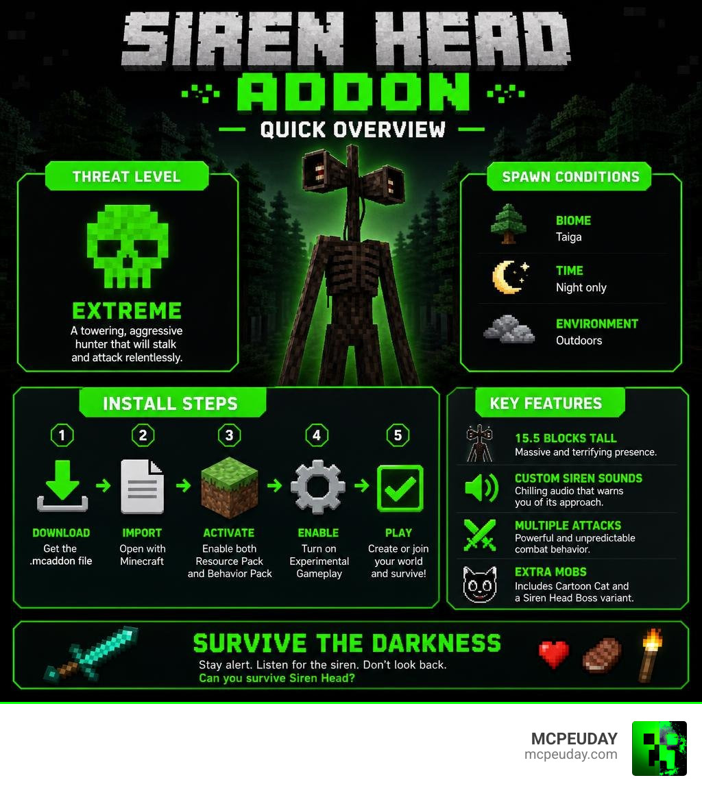 Siren Head Addon quick overview infographic: threat level, spawn conditions, install steps, and key features infographic Siren Head Addon quick overview infographic: threat level, spawn conditions, install steps, and key features infographic