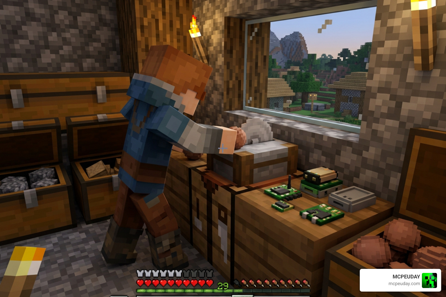 A Minecraft player using a stonecutter to craft modern electronics from clay balls