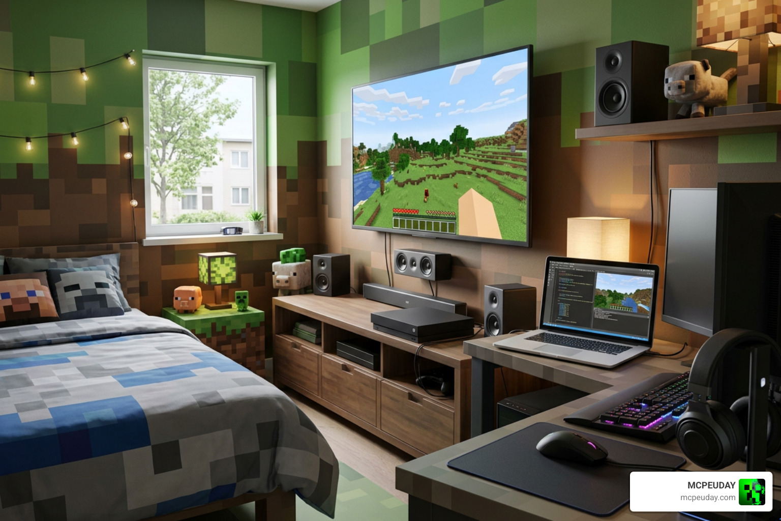 Modern electronic appliances and gaming setups arranged inside a Minecraft bedroom