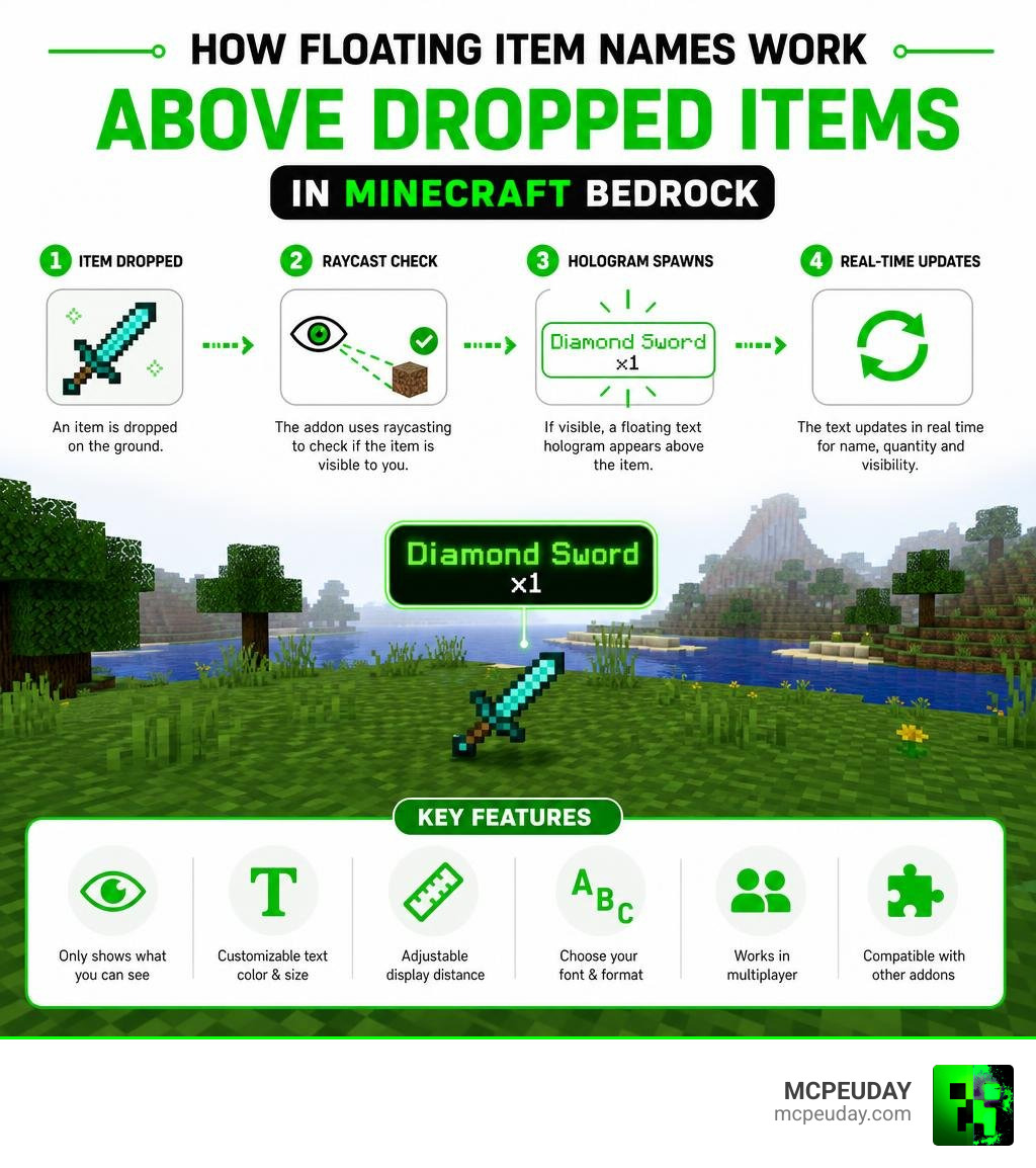 How floating item names work above dropped items in Minecraft Bedrock - infographic infographic How floating item names work above dropped items in Minecraft Bedrock - infographic infographic