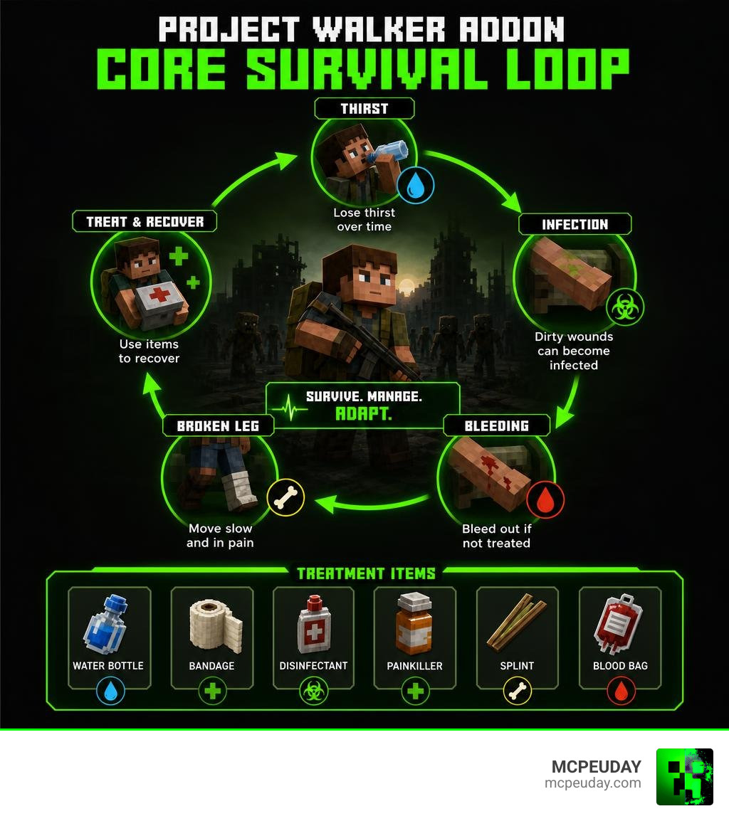 Project Walker Addon core survival loop infographic showing thirst infection bleeding broken leg and treatment items Project Walker Addon core survival loop infographic showing thirst infection bleeding broken leg and treatment items