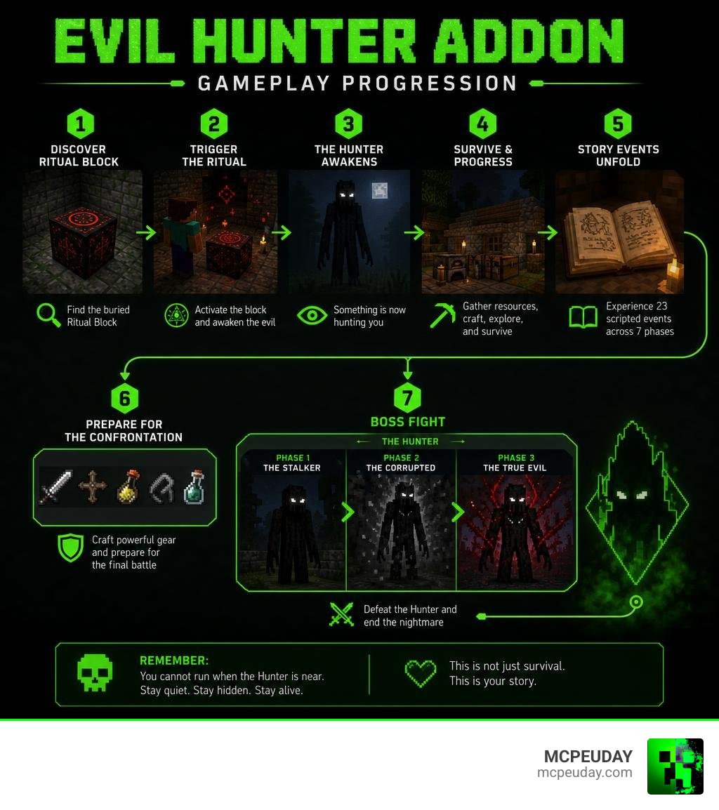 Evil Hunter Addon gameplay progression from ritual block discovery to boss fight phases infographic