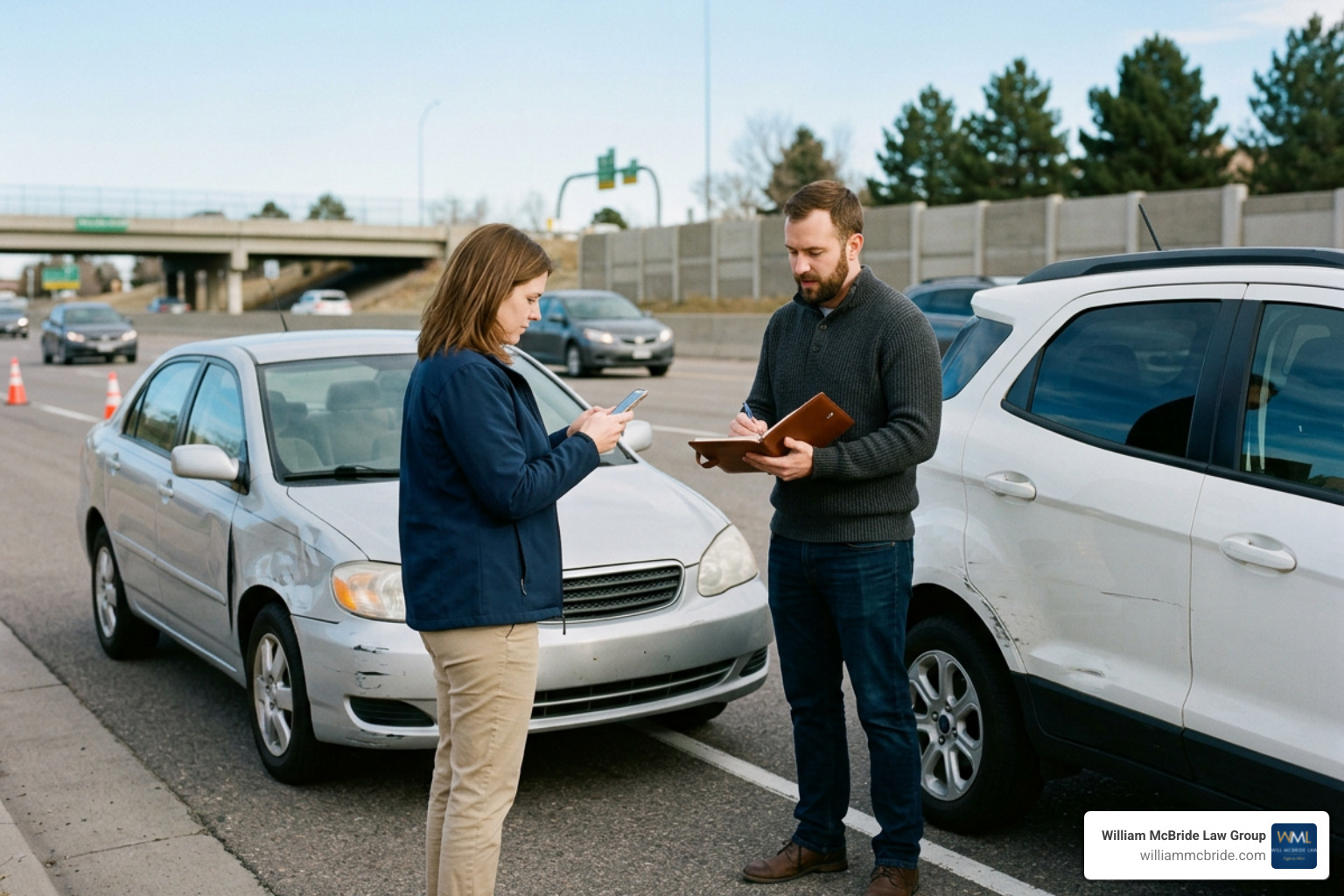 A driver safely documenting vehicle damage and exchanging insurance details after a Denver car crash A driver safely documenting vehicle damage and exchanging insurance details after a Denver car crash