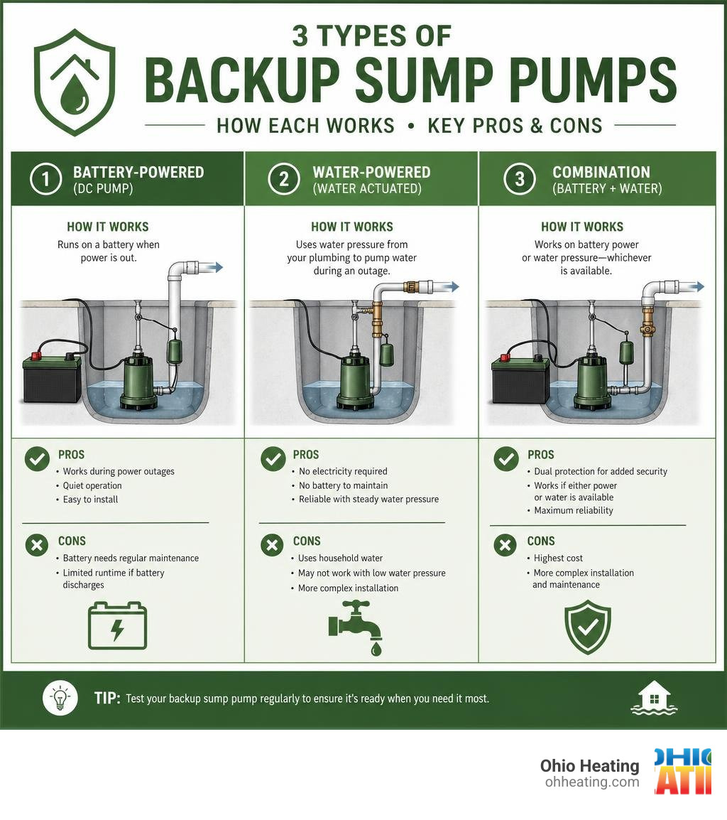 Infographic: 3 types of backup sump pumps, how each works, and key pros and cons infographic