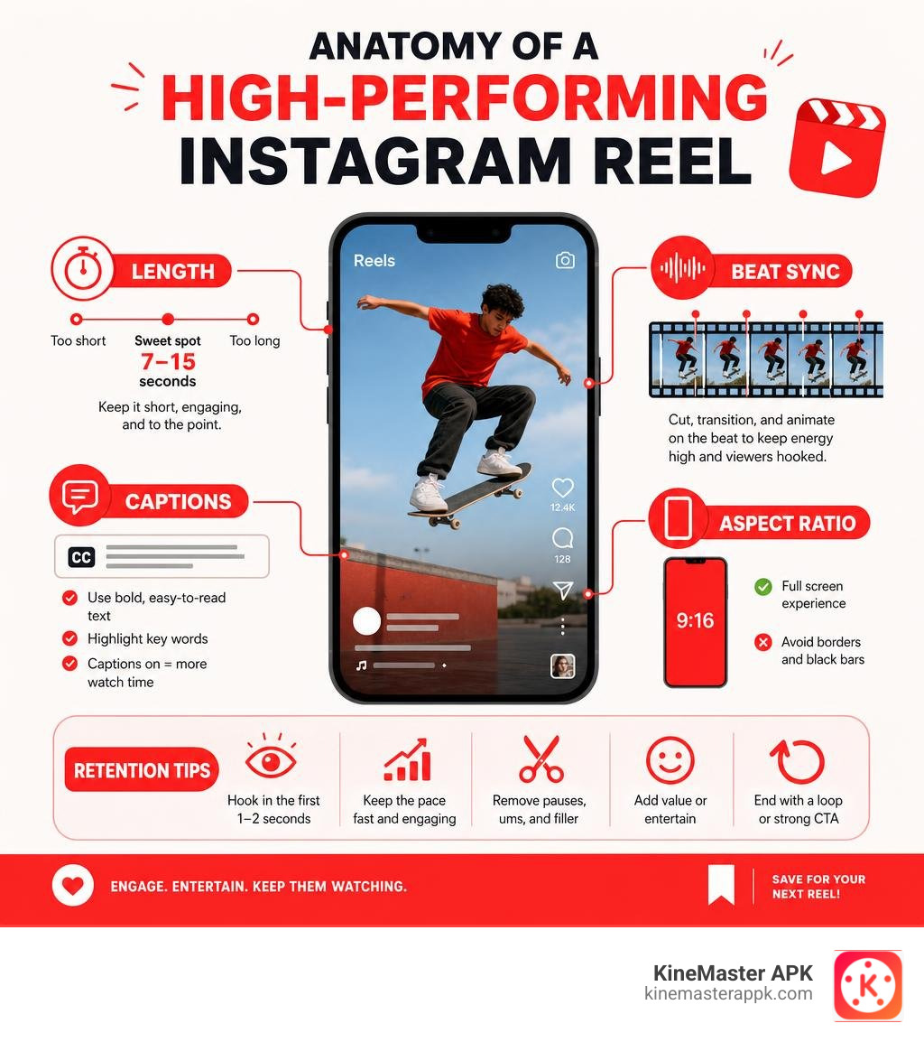 Anatomy of a high-performing Instagram Reel: length, captions, beat sync, aspect ratio, and retention tips infographic