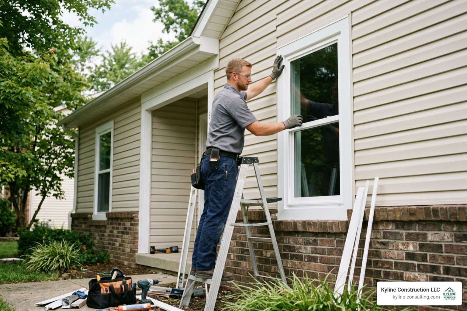 A professional contractor safely installing a white vinyl replacement window on a Central Ohio home