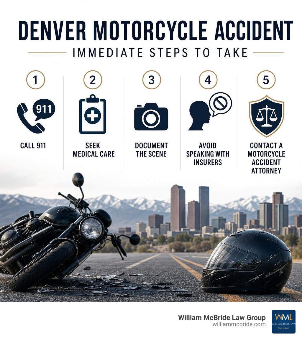 Infographic showing immediate steps after a Denver motorcycle accident: call 911, seek medical care, document the scene Infographic showing immediate steps after a Denver motorcycle accident: call 911, seek medical care, document the scene