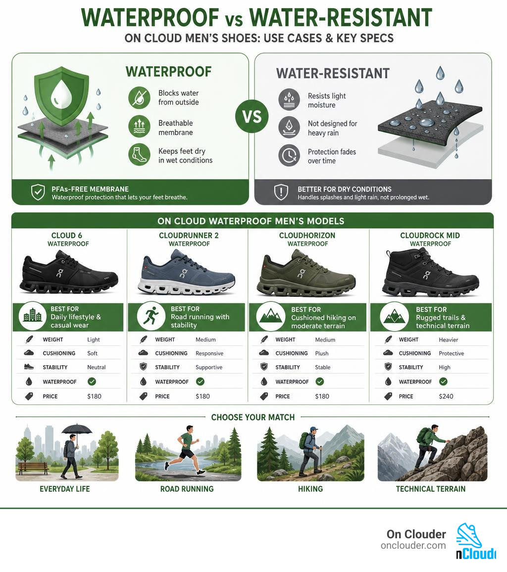 infographic comparing waterproof vs water-resistant on cloud men's shoes by model use case and key specs infographic infographic comparing waterproof vs water-resistant on cloud men's shoes by model use case and key specs infographic