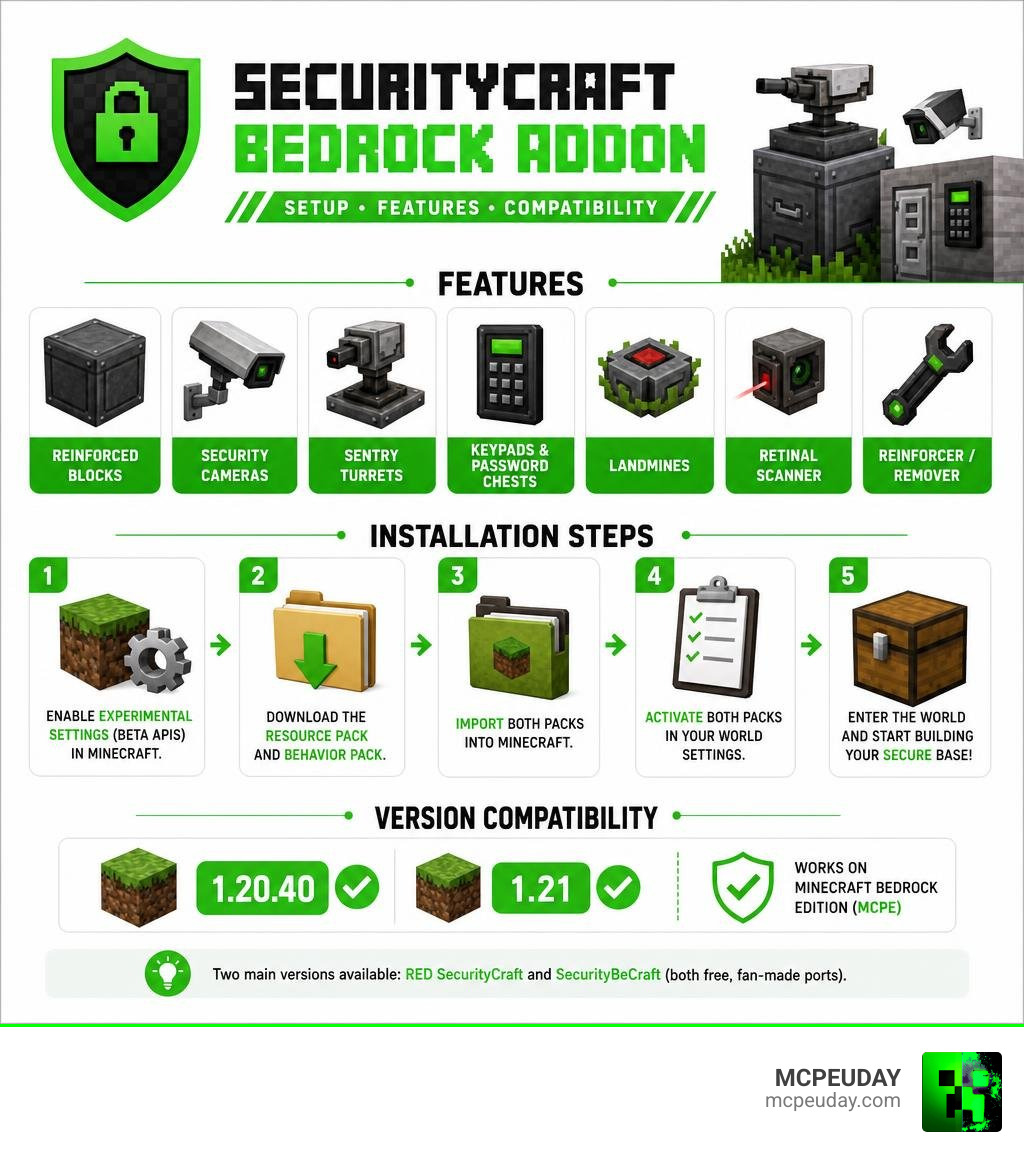 SecurityCraft Bedrock Addon setup infographic showing features installation steps and version compatibility infographic