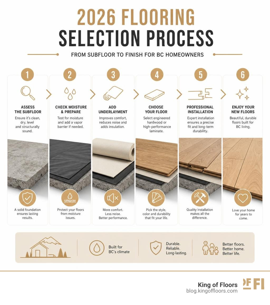 Infographic showing 2026 flooring selection process steps from subfloor to finish for BC homeowners infographic