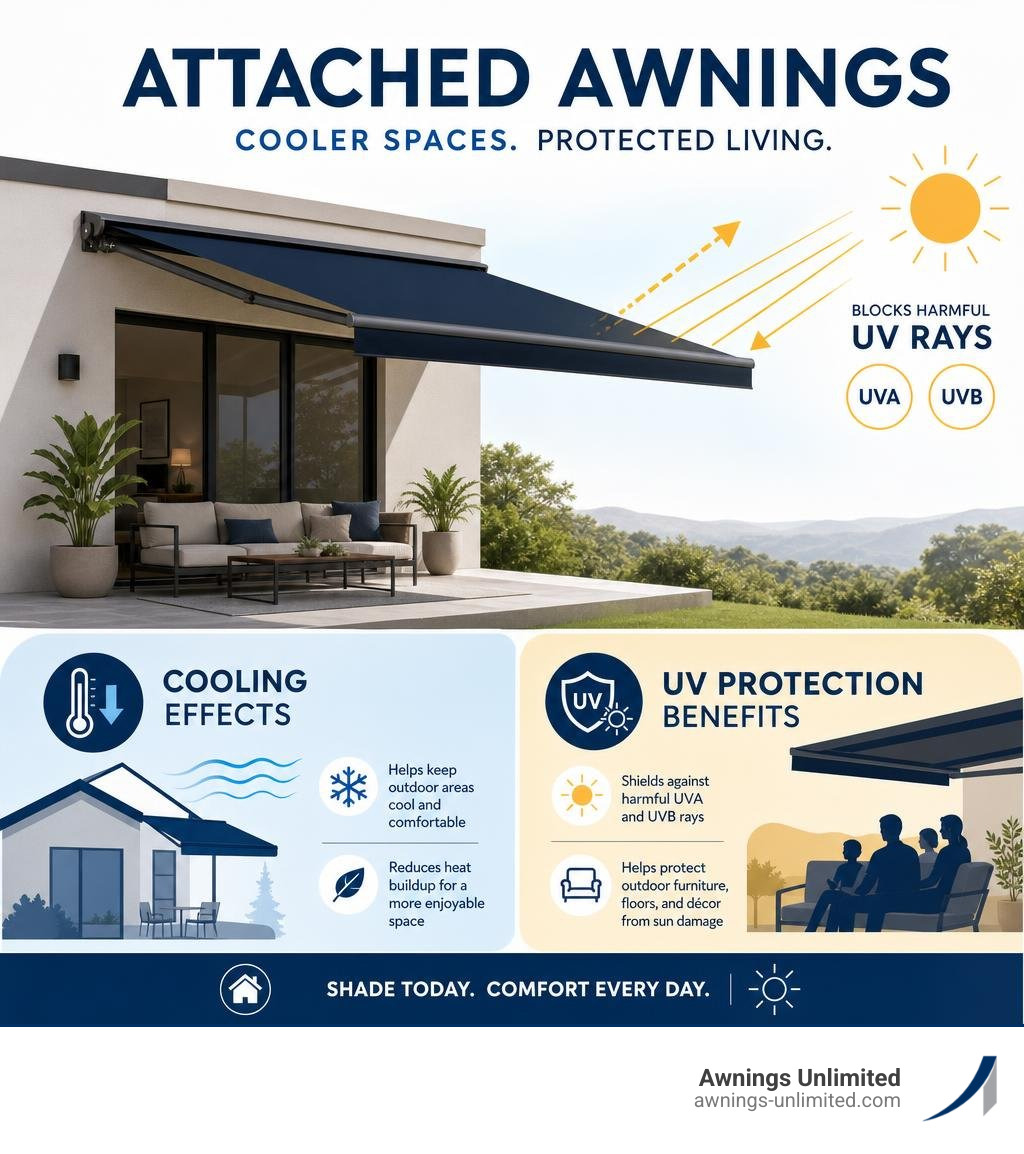 infographic showing cooling effects and UV protection benefits of attached awnings on a home infographic infographic showing cooling effects and UV protection benefits of attached awnings on a home infographic