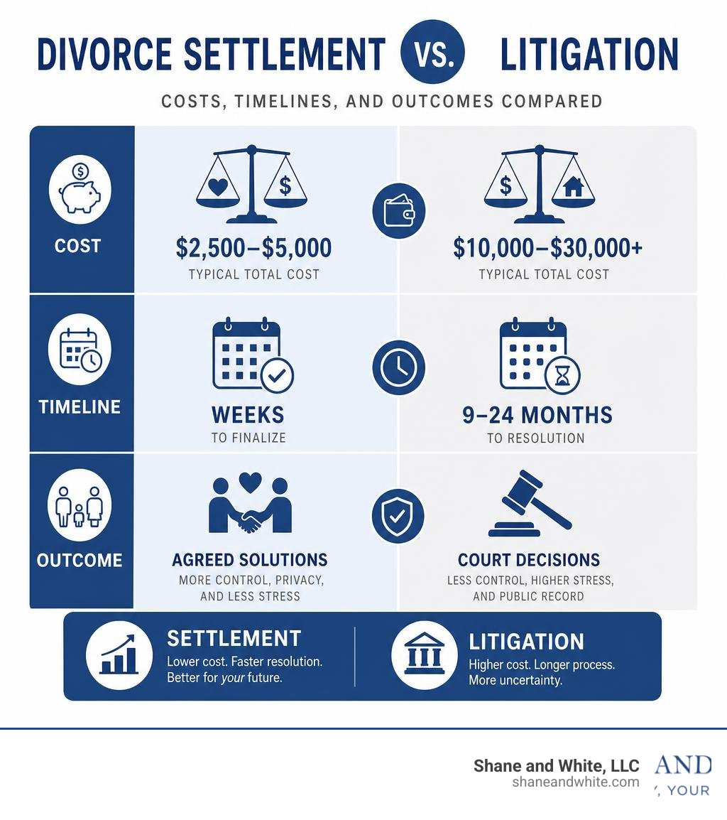 Infographic comparing costs, timelines, and outcomes of divorce settlement vs. litigation infographic