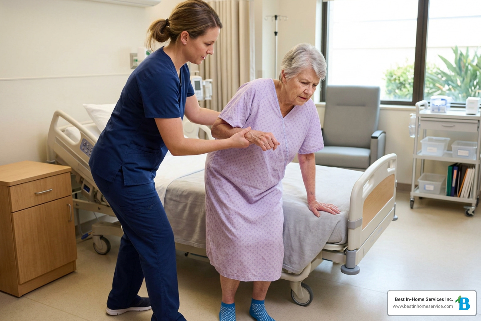 A physical therapist gently assisting an elderly senior patient to stand up from a hospital bed