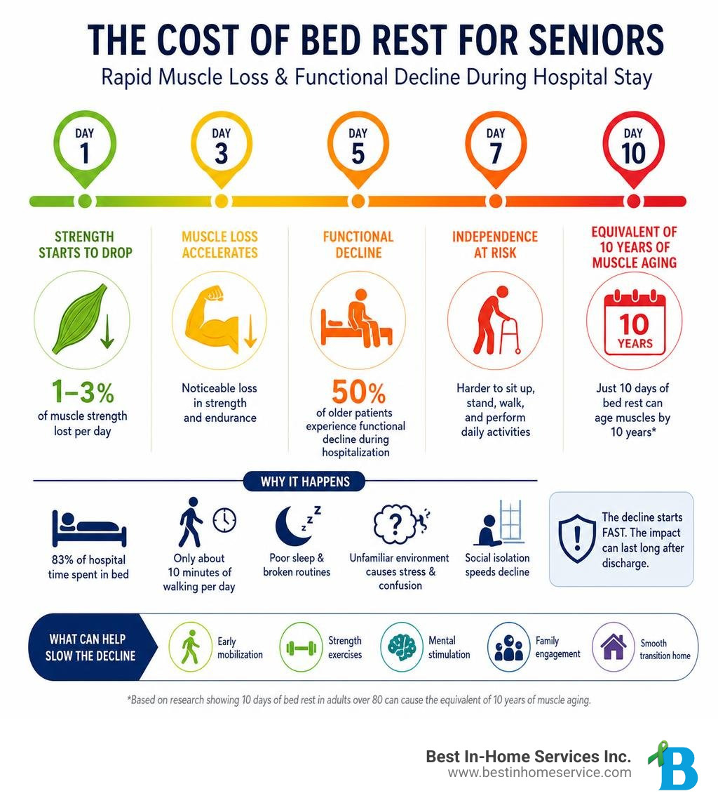 Timeline infographic showing rapid muscle loss and functional decline during hospital bed rest in seniors infographic