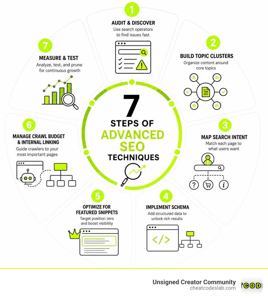 7 steps of advanced SEO techniques infographic covering audits, topic clusters, schema, snippets, crawl budget, and