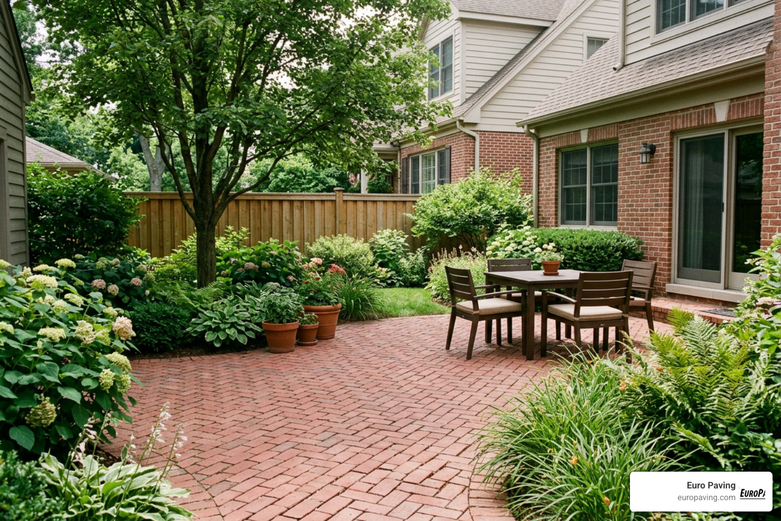 red clay brick patio with lush green landscaping in Chicago suburb red clay brick patio with lush green landscaping in Chicago suburb