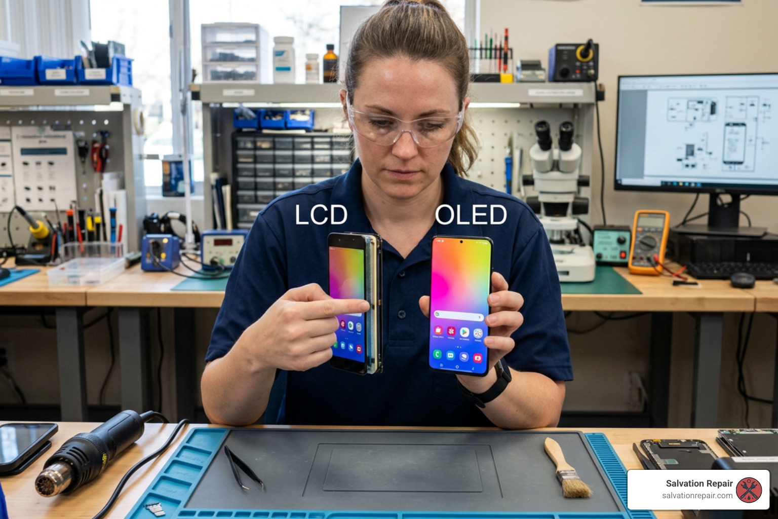 Technician showing difference between LCD and OLED phone screen layers Technician showing difference between LCD and OLED phone screen layers
