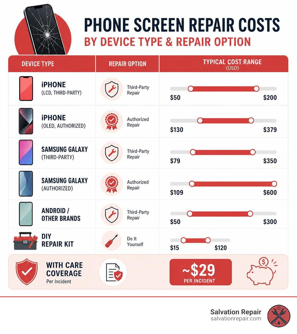 Infographic comparing phone screen repair costs by device type and repair option infographic Infographic comparing phone screen repair costs by device type and repair option infographic