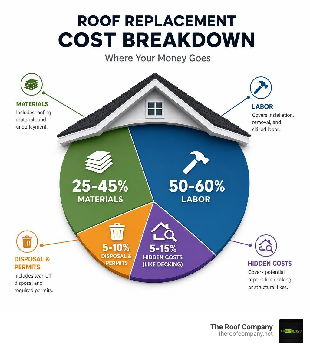 Infographic showing roof replacement cost breakdown: materials 25-45%, labor 50-60%, disposal and permits 5-10%, hidden Infographic showing roof replacement cost breakdown: materials 25-45%, labor 50-60%, disposal and permits 5-10%, hidden