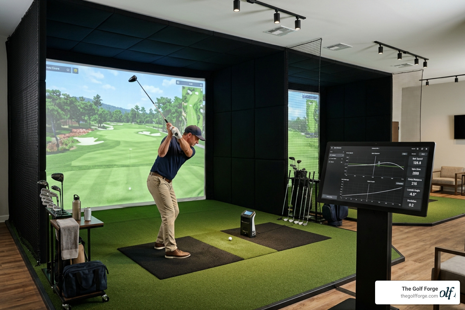 A high-tech indoor golf simulator bay with launch monitor analytics A high-tech indoor golf simulator bay with launch monitor analytics