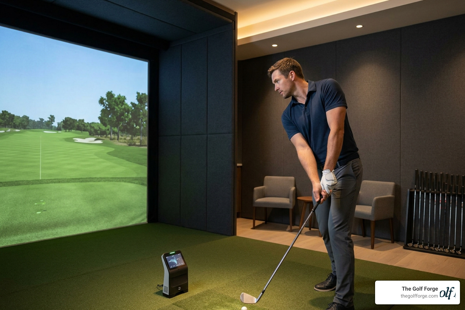 A golfer practicing in a private, climate-controlled indoor golf bay A golfer practicing in a private, climate-controlled indoor golf bay