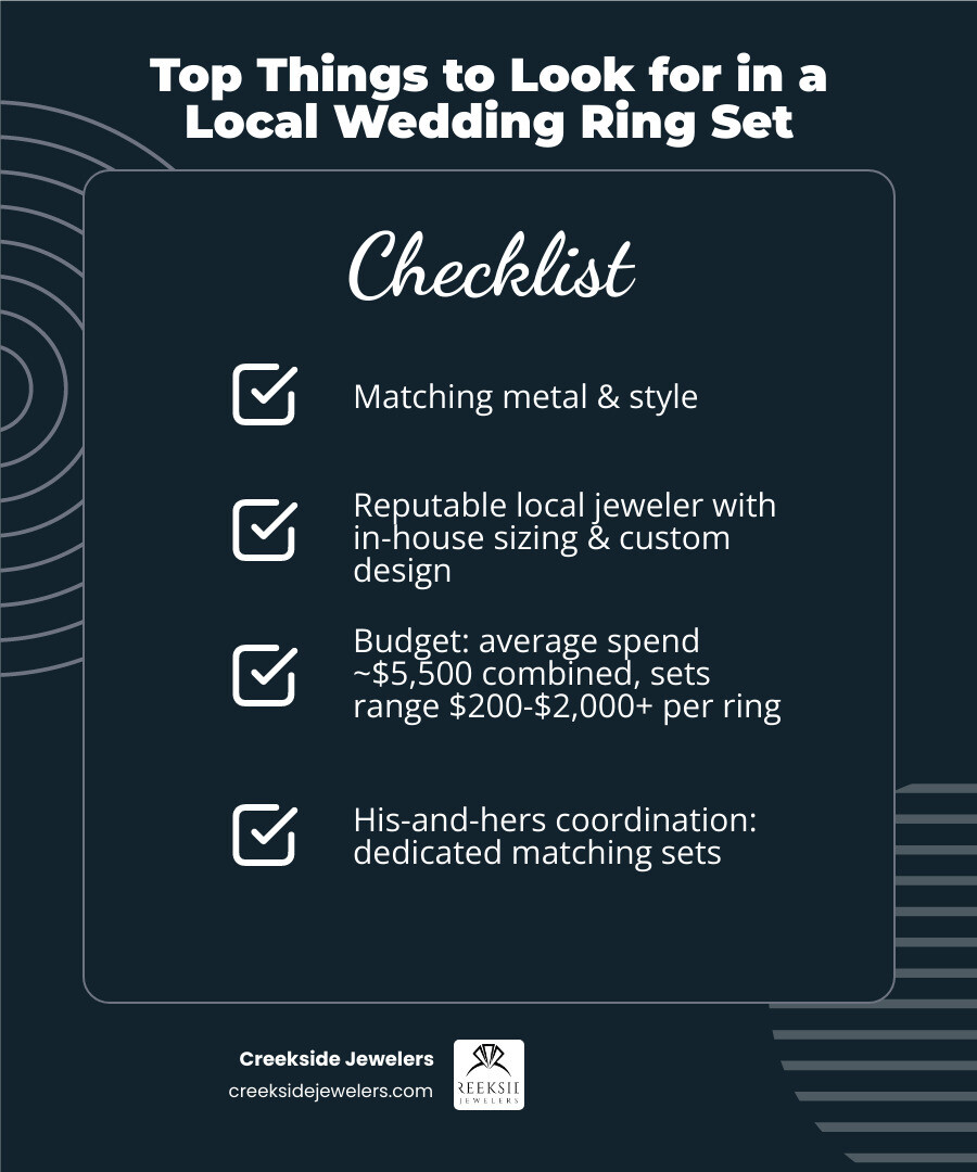 Infographic showing how to coordinate his and her wedding bands including metal types, style tips, and price ranges