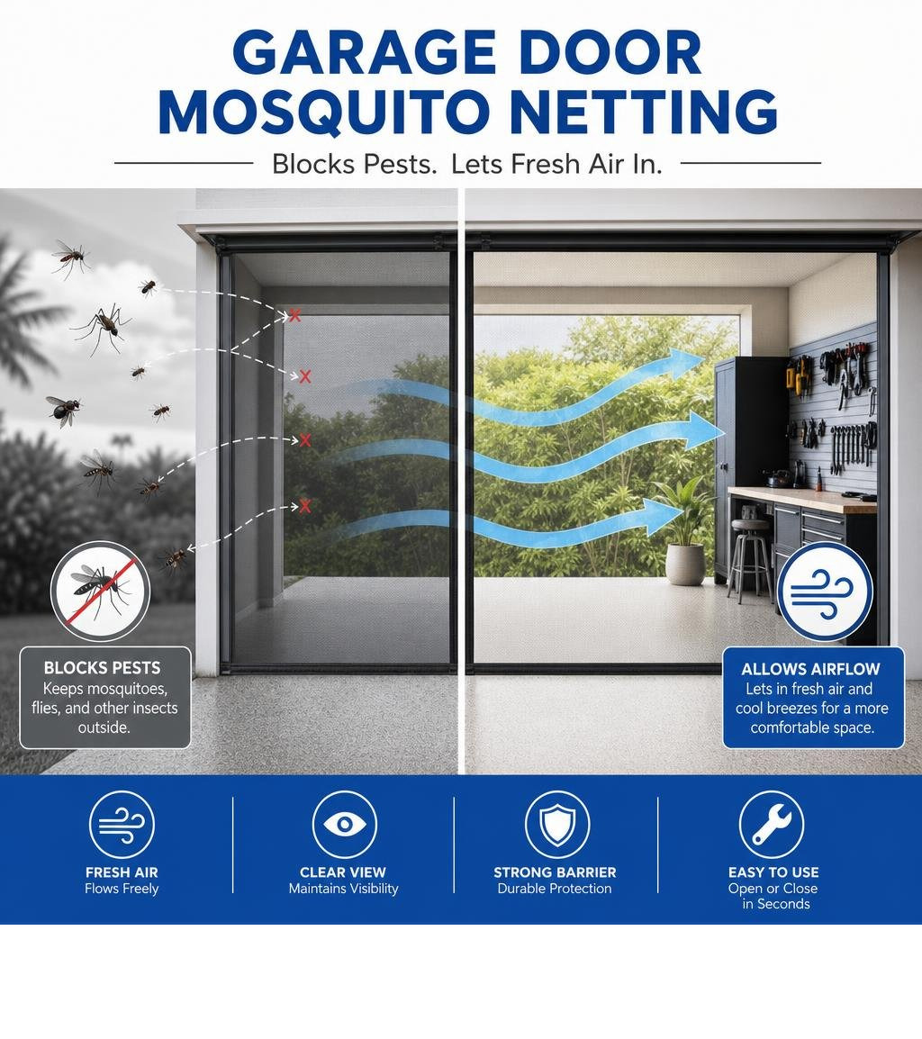 Infographic showing how garage door mosquito netting blocks pests while allowing airflow infographic