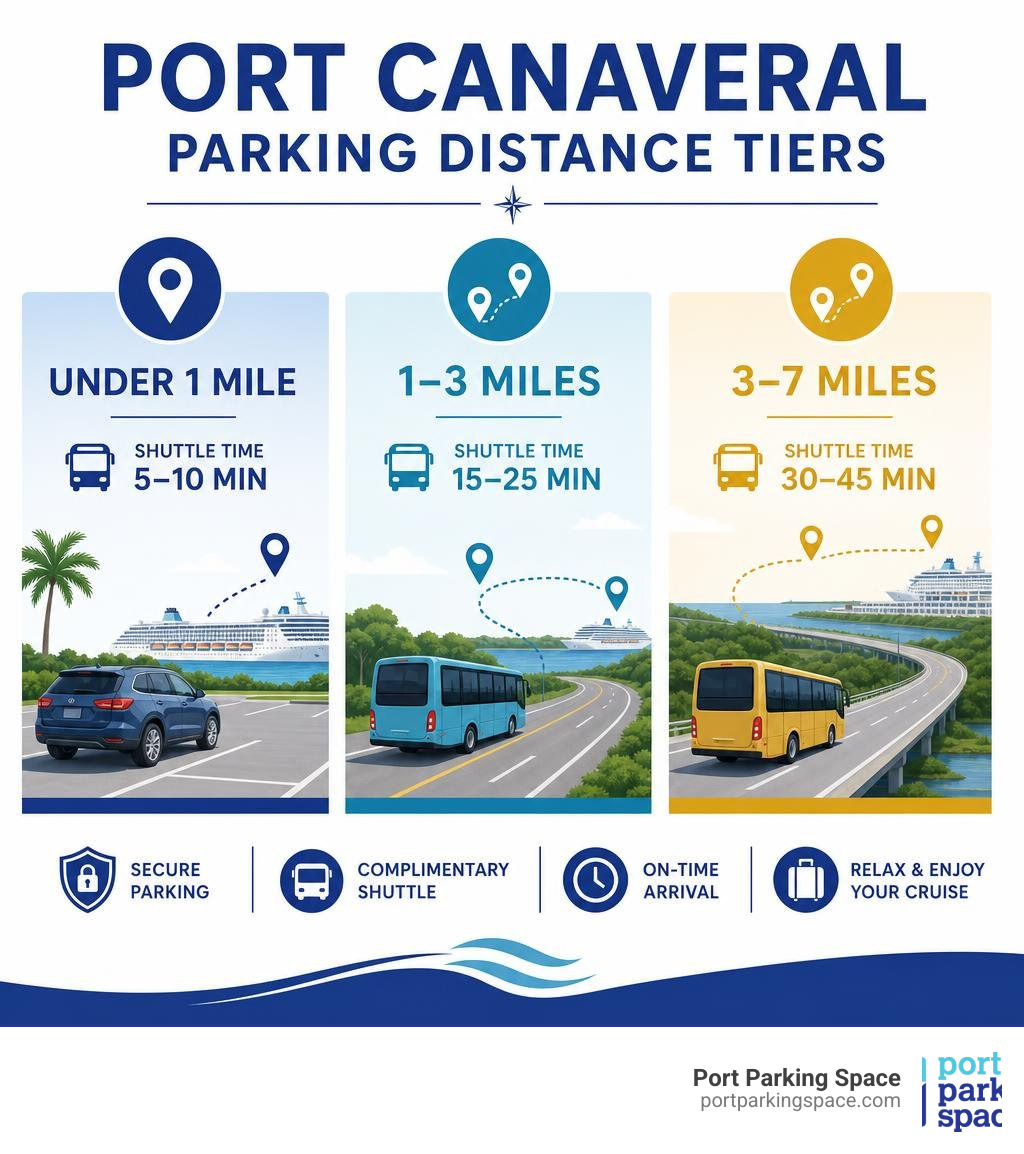 Infographic showing Port Canaveral parking distance tiers: under 1 mile, 1-3 miles, and 3-7 miles with shuttle times Infographic showing Port Canaveral parking distance tiers: under 1 mile, 1-3 miles, and 3-7 miles with shuttle times