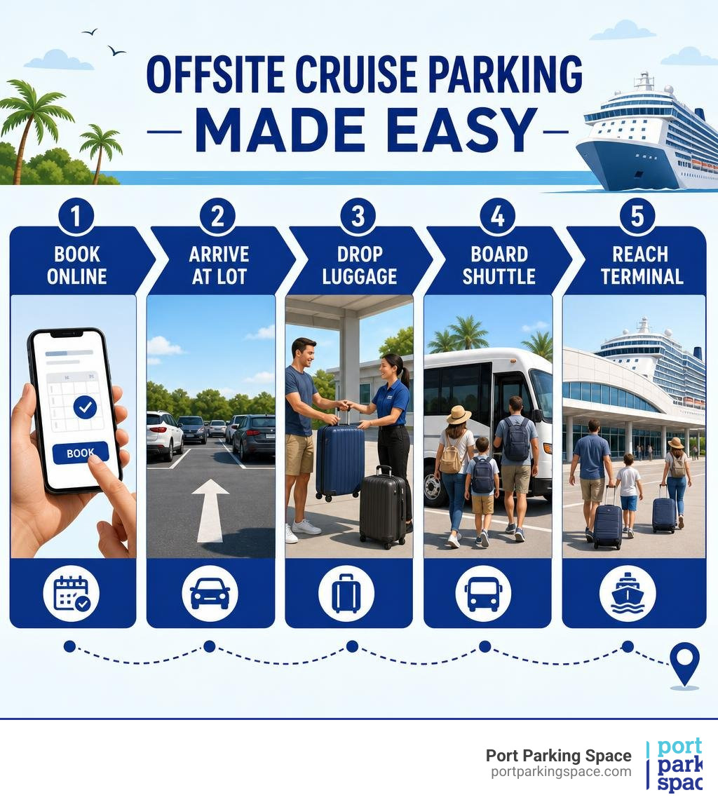 Infographic showing offsite cruise parking process: book online, arrive at lot, drop luggage, board shuttle, reach terminal
