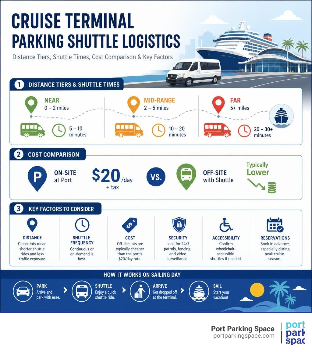 Cruise terminal parking shuttle logistics infographic: distance tiers, shuttle times, cost comparison, and key factors
